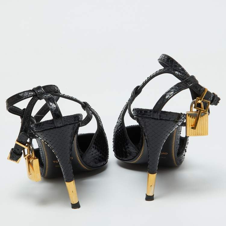 Pre Owned Tom Ford Black Snakeskin Leather Padlock Ankle Wrap Pointed Toe Pumps Size 37