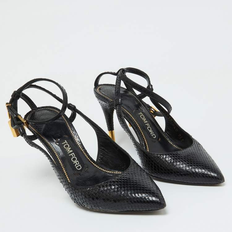 Pre Owned Tom Ford Black Snakeskin Leather Padlock Ankle Wrap Pointed Toe Pumps Size 37