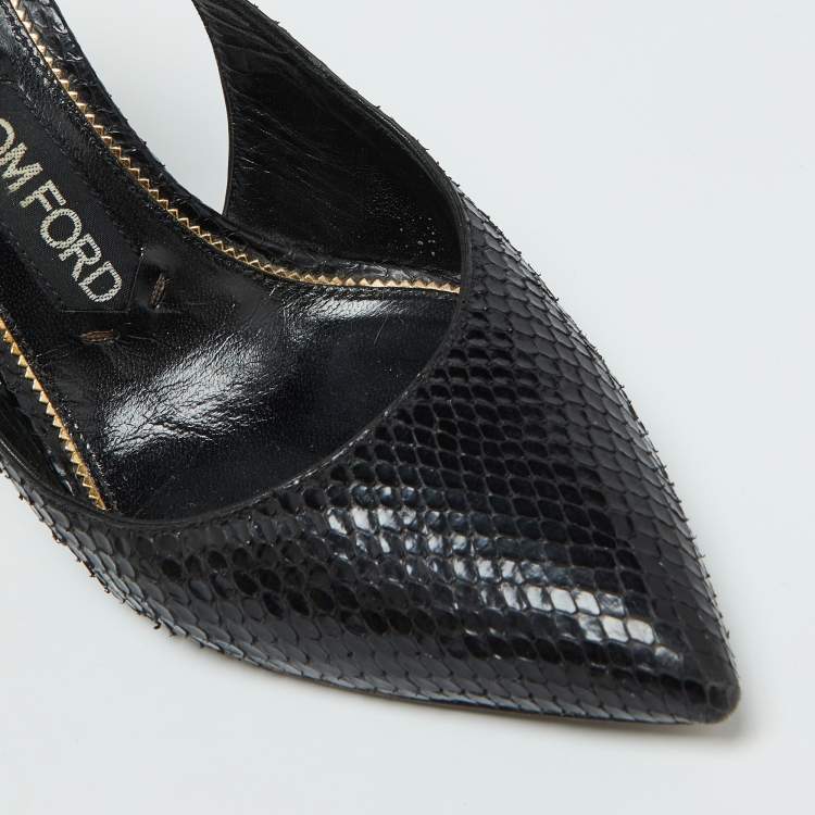 Pre Owned Tom Ford Black Snakeskin Leather Padlock Ankle Wrap Pointed Toe Pumps Size 37