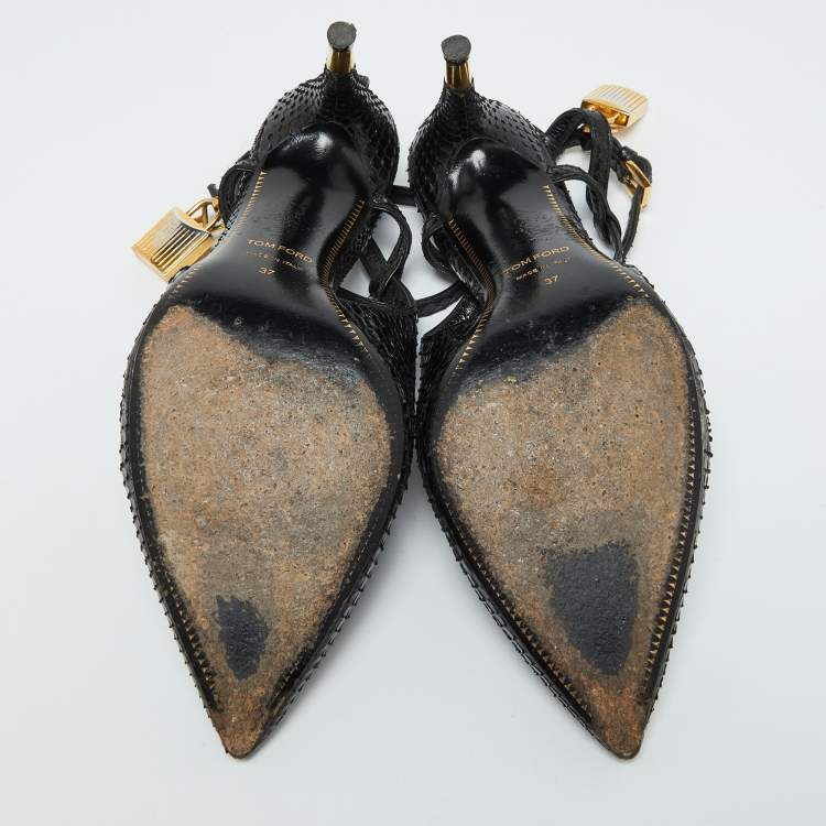 Pre Owned Tom Ford Black Snakeskin Leather Padlock Ankle Wrap Pointed Toe Pumps Size 37