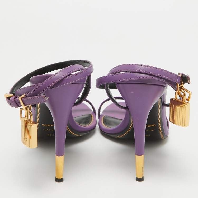 Pre Owned Tom Ford Purple Leather Padlock Ankle Wrap Sandals Size 38.5