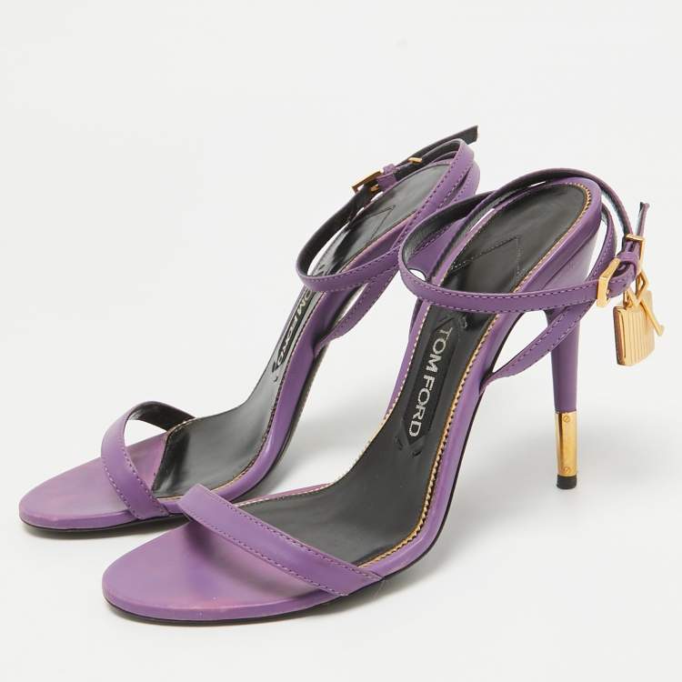 Pre Owned Tom Ford Purple Leather Padlock Ankle Wrap Sandals Size 38.5