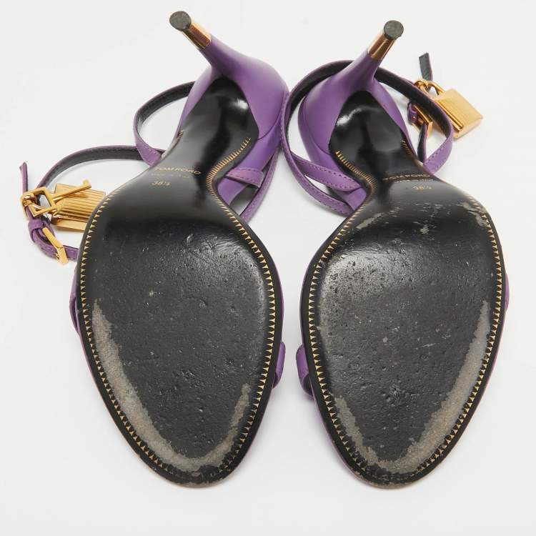 Pre Owned Tom Ford Purple Leather Padlock Ankle Wrap Sandals Size 38.5