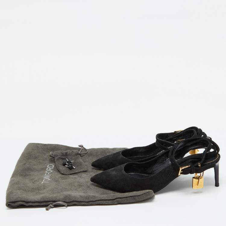 Pre Owned Tom Ford Black Suede Padlock Slingback Pumps Size 37.5