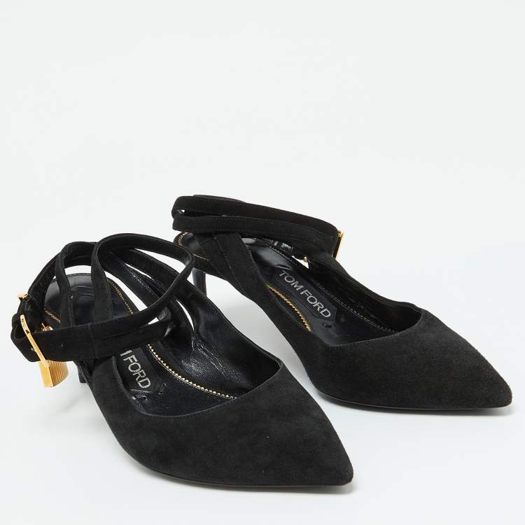 Pre Owned Tom Ford Black Suede Padlock Slingback Pumps Size 37.5