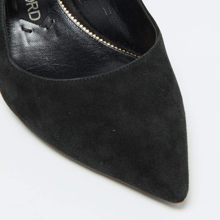 Pre Owned Tom Ford Black Suede Padlock Slingback Pumps Size 37.5
