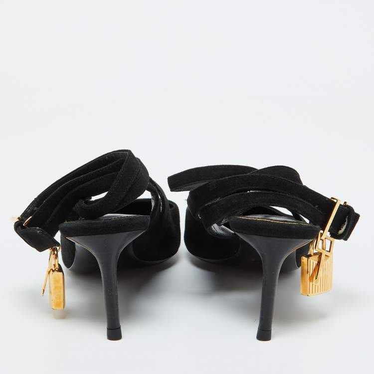Pre Owned Tom Ford Black Suede Padlock Slingback Pumps Size 37.5