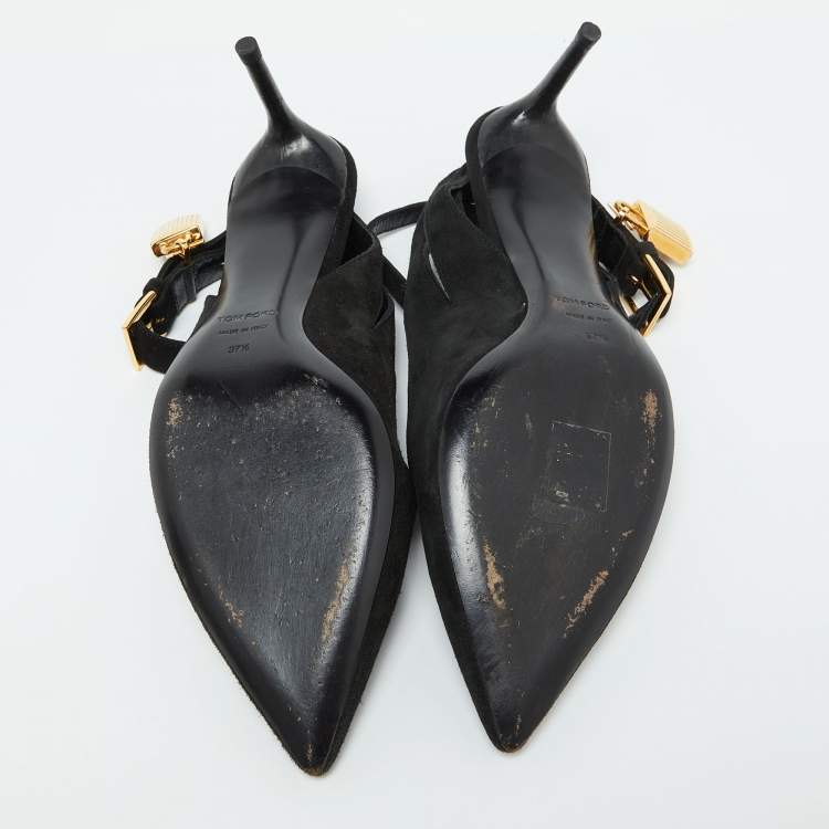 Pre Owned Tom Ford Black Suede Padlock Slingback Pumps Size 37.5