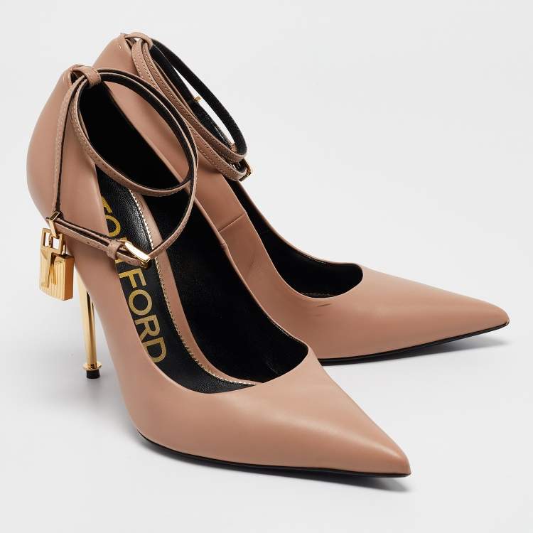 Pre Owned Tom Ford Beige Leather Padlock Ankle Wrap Pumps Size 40