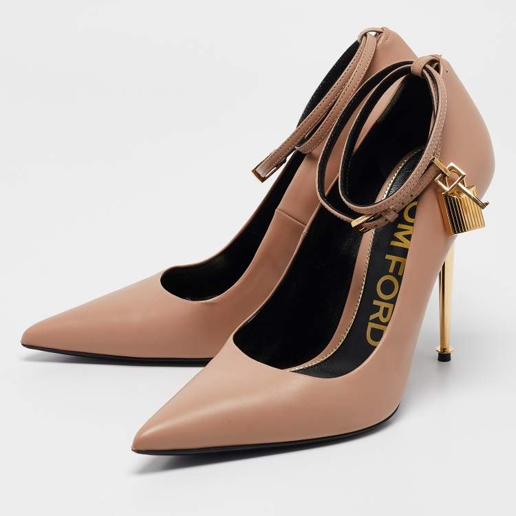 Pre Owned Tom Ford Beige Leather Padlock Ankle Wrap Pumps Size 40