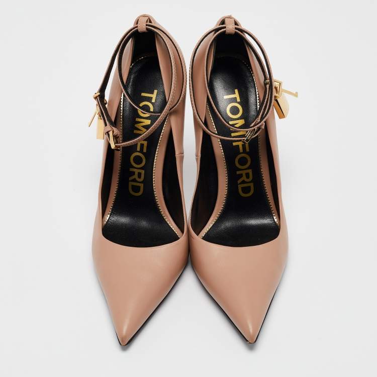 Pre Owned Tom Ford Beige Leather Padlock Ankle Wrap Pumps Size 40