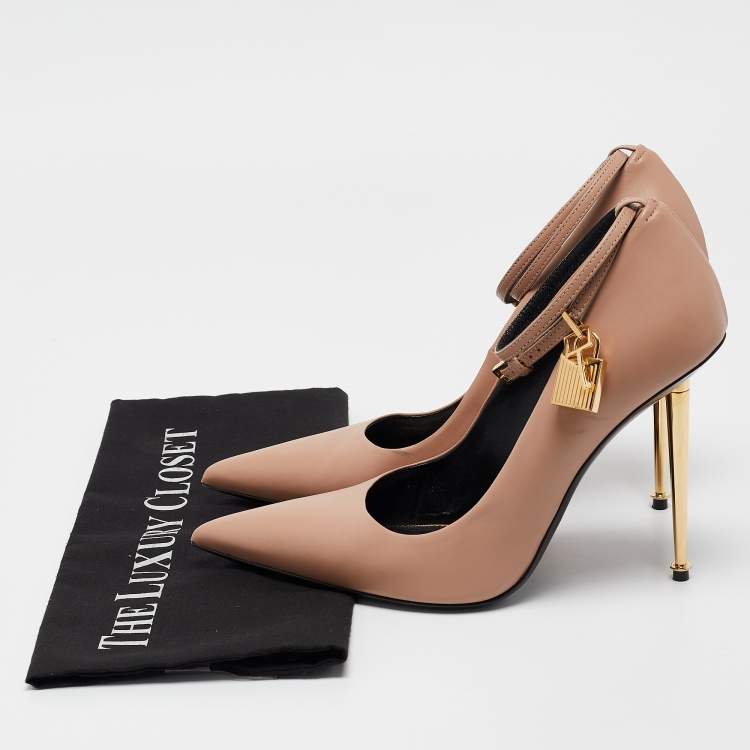 Pre Owned Tom Ford Beige Leather Padlock Ankle Wrap Pumps Size 40