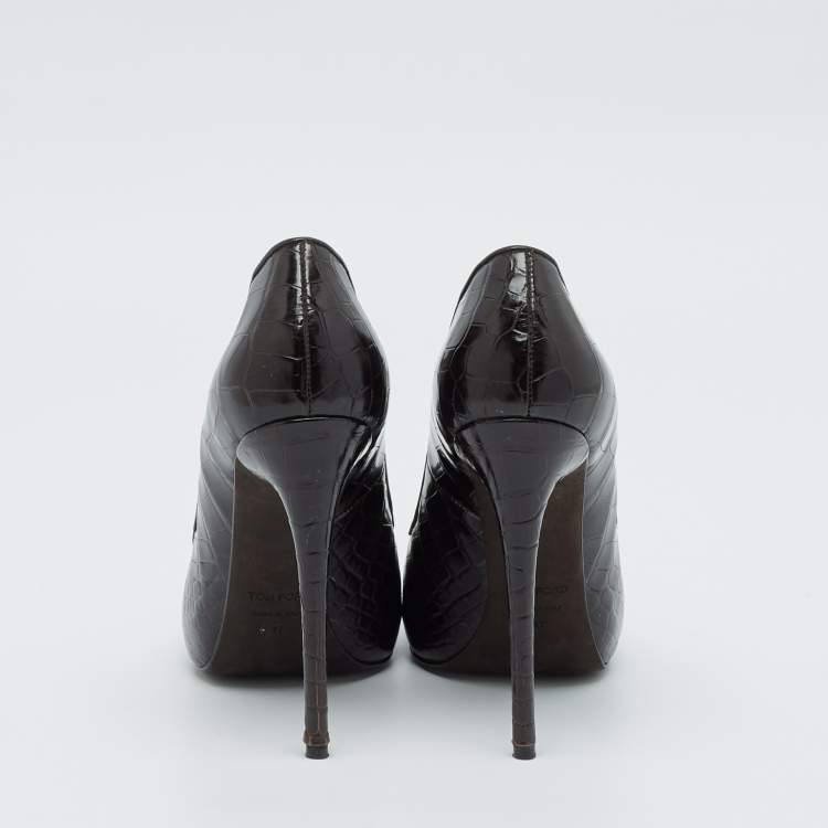 Pre Owned Tom Ford Brown Croc Embossed Leather Peep Toe Pumps Size 37