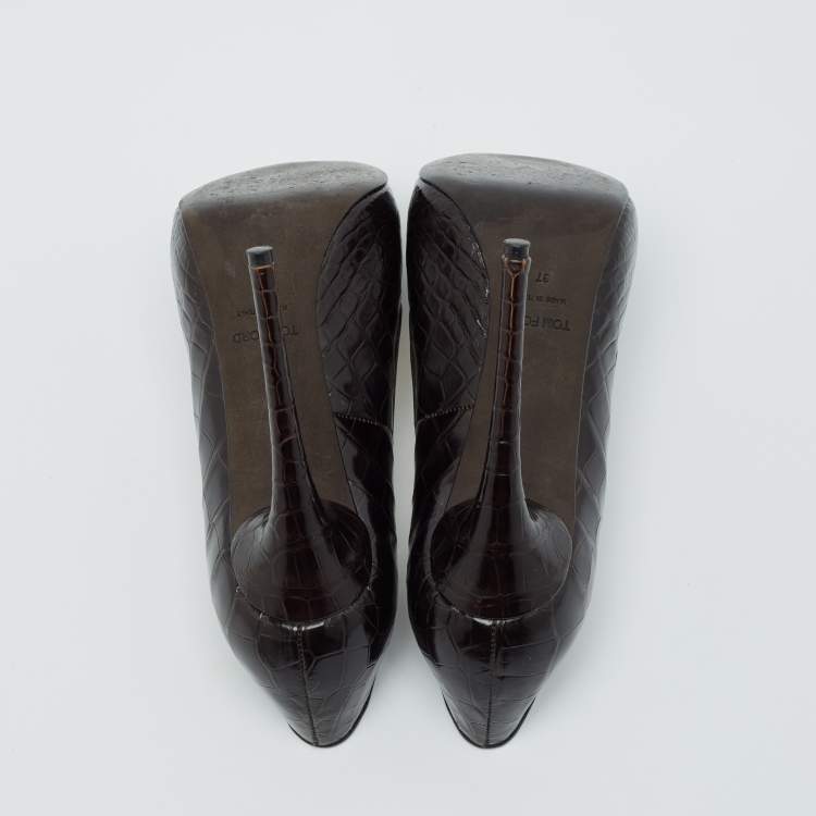 Pre Owned Tom Ford Brown Croc Embossed Leather Peep Toe Pumps Size 37