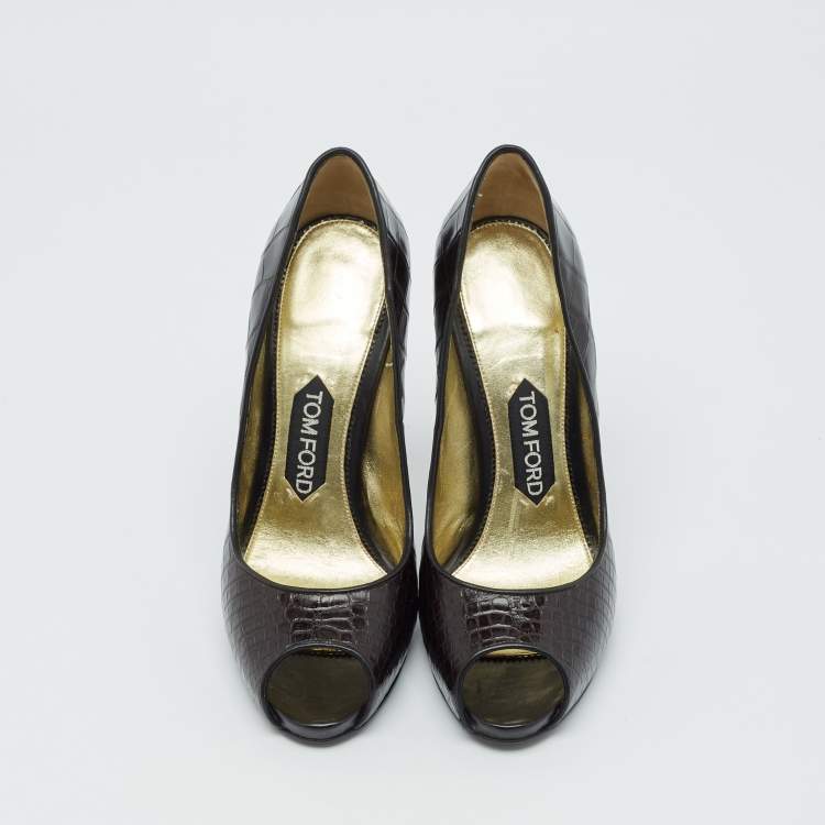 Pre Owned Tom Ford Brown Croc Embossed Leather Peep Toe Pumps Size 37