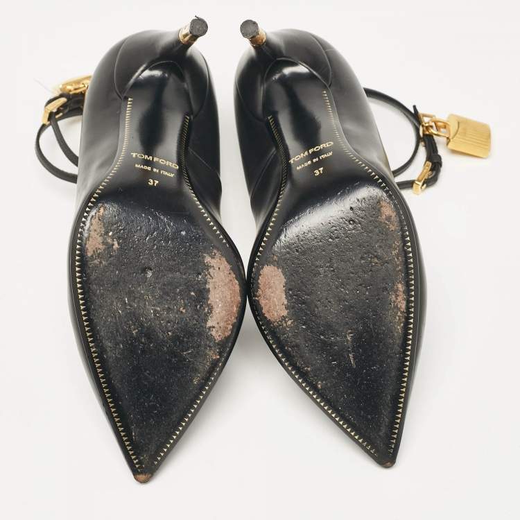 Pre Owned Tom Ford Black Leather Padlock Ankle Wrap Pumps Size 37