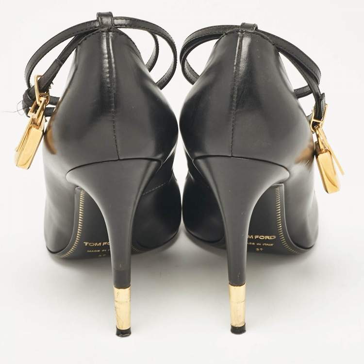 Pre Owned Tom Ford Black Leather Padlock Ankle Wrap Pumps Size 37