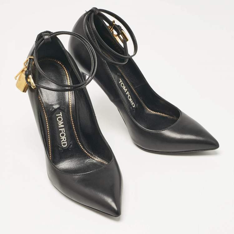 Pre Owned Tom Ford Black Leather Padlock Ankle Wrap Pumps Size 37