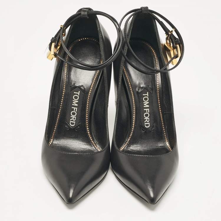 Pre Owned Tom Ford Black Leather Padlock Ankle Wrap Pumps Size 37