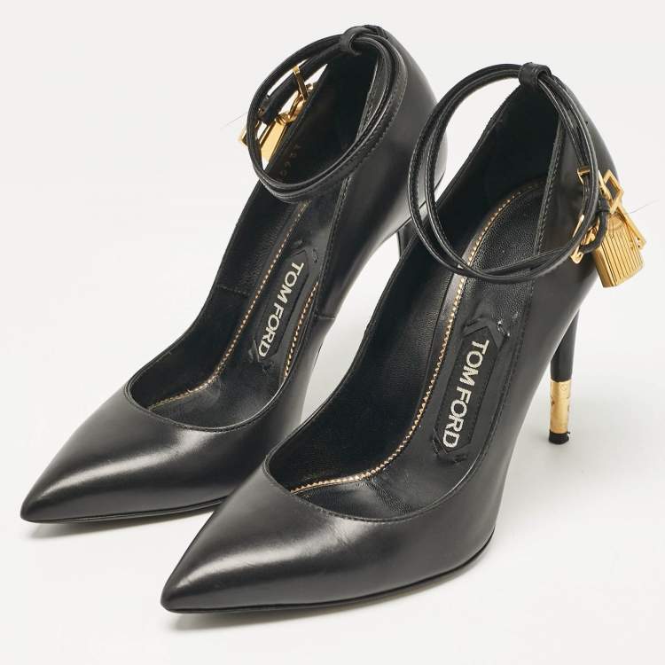 Pre Owned Tom Ford Black Leather Padlock Ankle Wrap Pumps Size 37