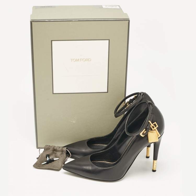 Pre Owned Tom Ford Black Leather Padlock Ankle Wrap Pumps Size 37