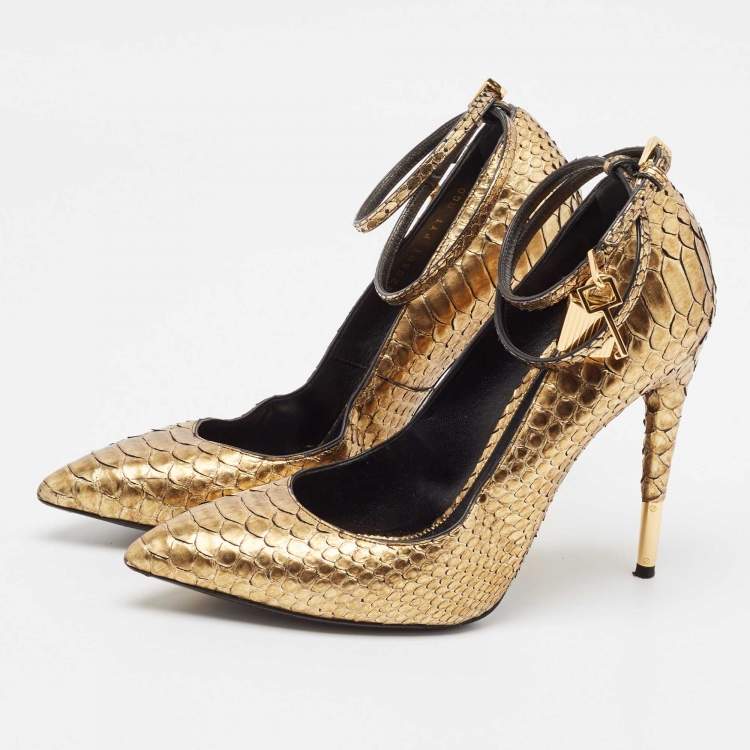 Pre Owned Tom Ford Gold Python Leather Padlock Pumps Size 40