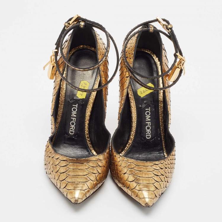 Pre Owned Tom Ford Gold Python Leather Padlock Pumps Size 40