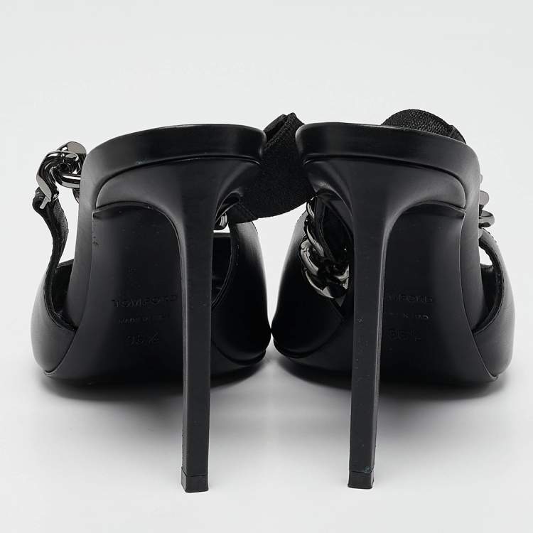 Pre Owned Tom Ford Black Leather Chain Linked Slingback Peep Toe Pumps Size 36.5