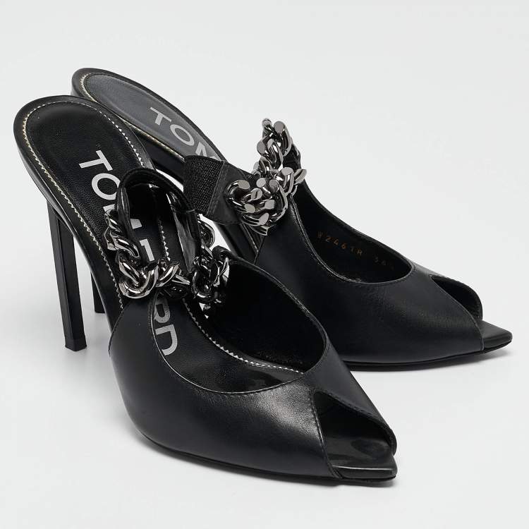 Pre Owned Tom Ford Black Leather Chain Linked Slingback Peep Toe Pumps Size 36.5