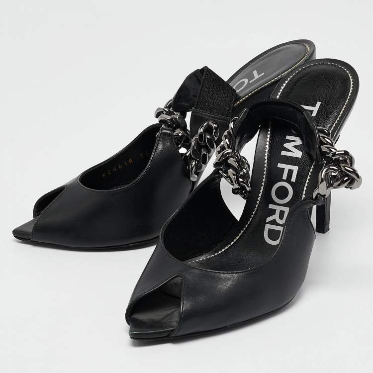 Pre Owned Tom Ford Black Leather Chain Linked Slingback Peep Toe Pumps Size 36.5