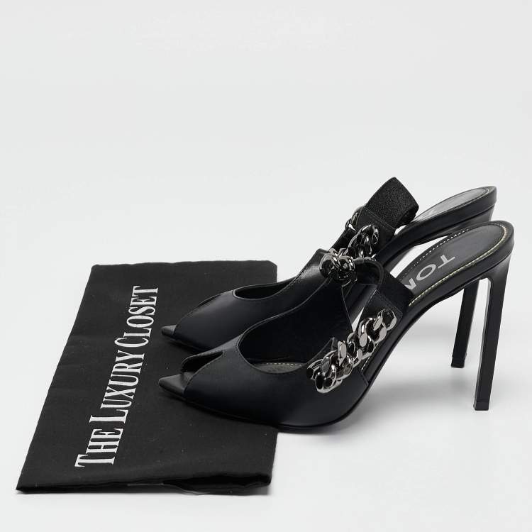 Pre Owned Tom Ford Black Leather Chain Linked Slingback Peep Toe Pumps Size 36.5