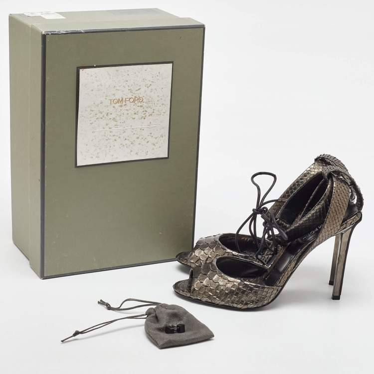 Pre Owned Tom Ford Metallic Grey Python Lock Ankle Strap Sandals Size 39.5