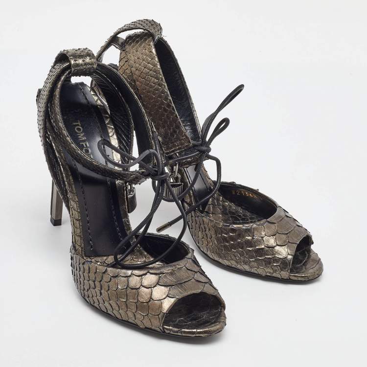Pre Owned Tom Ford Metallic Grey Python Lock Ankle Strap Sandals Size 39.5