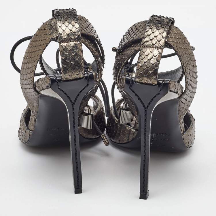 Pre Owned Tom Ford Metallic Grey Python Lock Ankle Strap Sandals Size 39.5