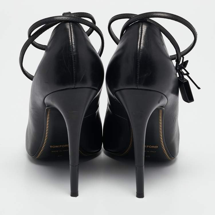 Pre Owned Tom Ford Black Leather Padlock Ankle Wrap Pumps Size 40