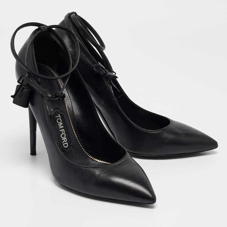Pre Owned Tom Ford Black Leather Padlock Ankle Wrap Pumps Size 40
