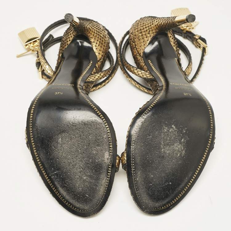 Pre Owned Tom Ford Gold Python Padlock Ankle Wrap Sandals Size 37.5