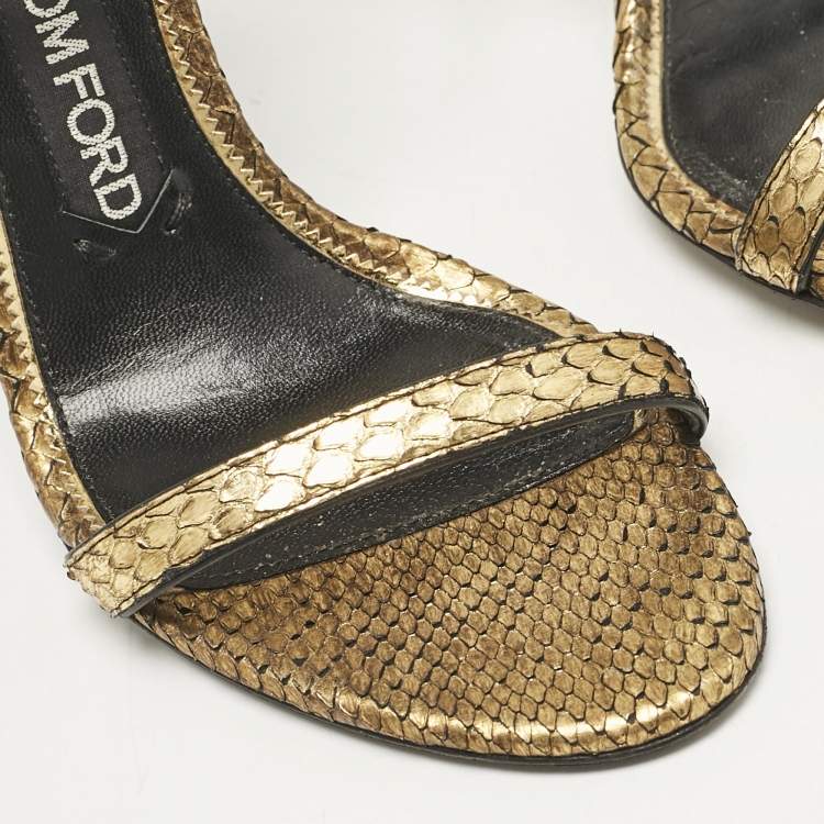 Pre Owned Tom Ford Gold Python Padlock Ankle Wrap Sandals Size 37.5