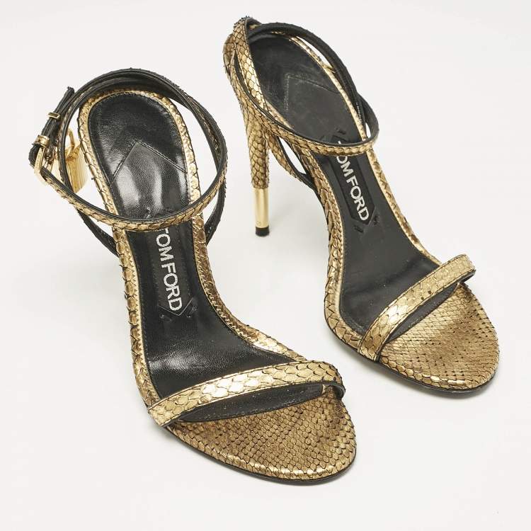 Pre Owned Tom Ford Gold Python Padlock Ankle Wrap Sandals Size 37.5