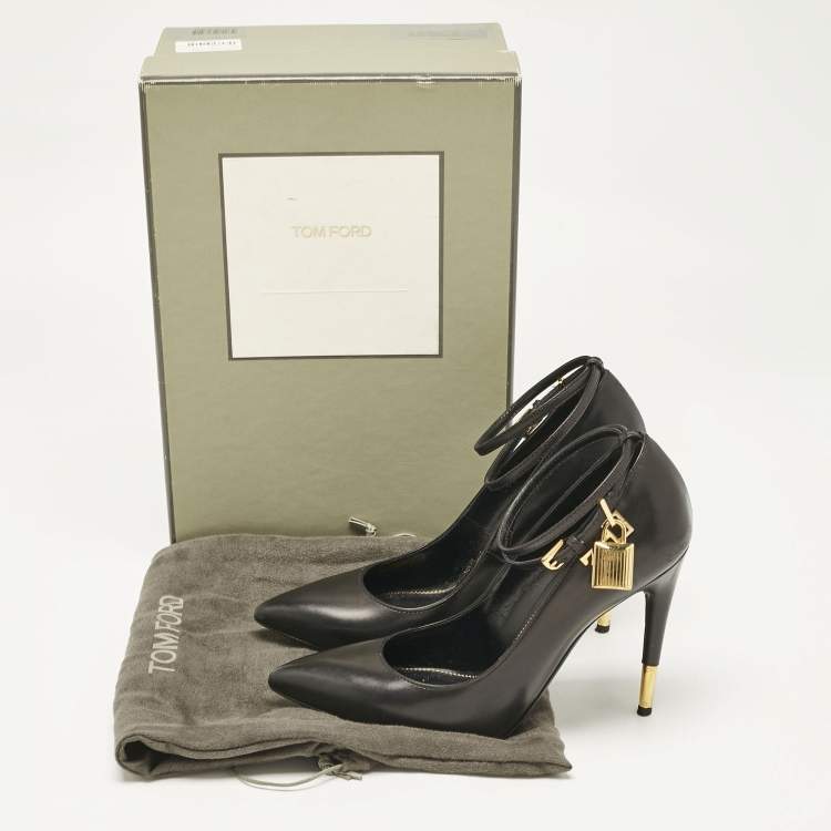 Pre Owned Tom Ford Black Leather Padlock Ankle Wrap Pumps Size 38
