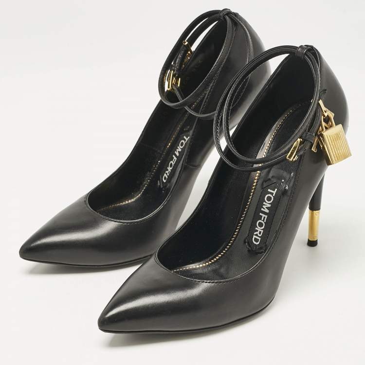 Pre Owned Tom Ford Black Leather Padlock Ankle Wrap Pumps Size 38