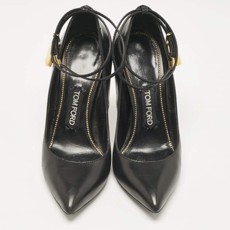 Pre Owned Tom Ford Black Leather Padlock Ankle Wrap Pumps Size 38