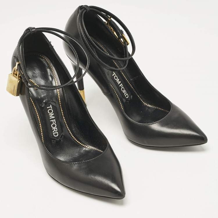 Pre Owned Tom Ford Black Leather Padlock Ankle Wrap Pumps Size 38