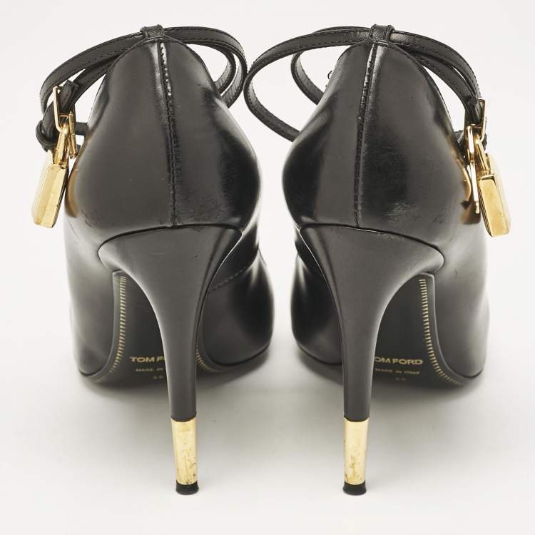 Pre Owned Tom Ford Black Leather Padlock Ankle Wrap Pumps Size 38