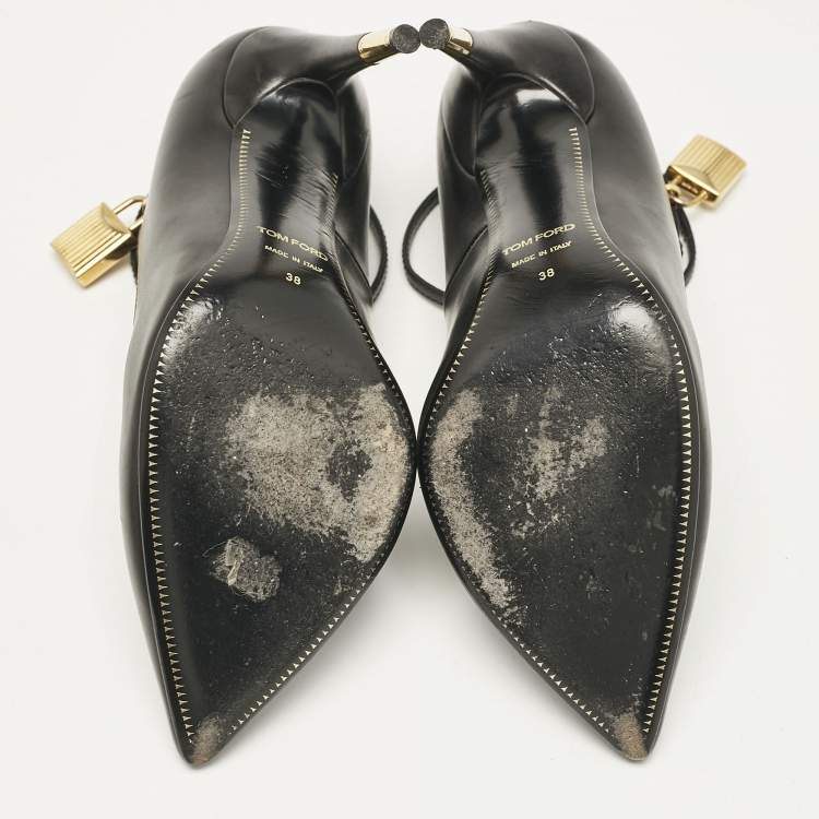 Pre Owned Tom Ford Black Leather Padlock Ankle Wrap Pumps Size 38