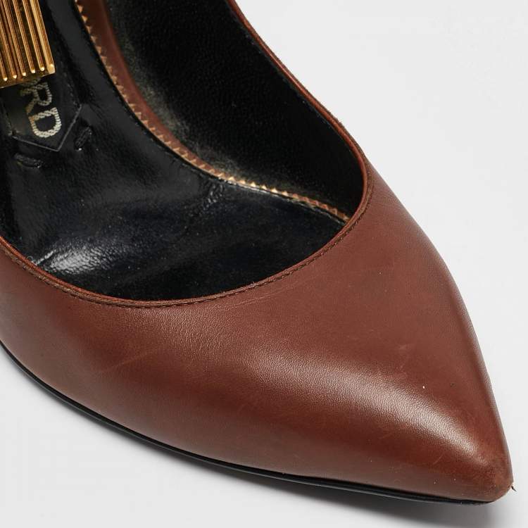 Pre Owned Tom Ford Brown Leather Padlock Pumps Size 37.5