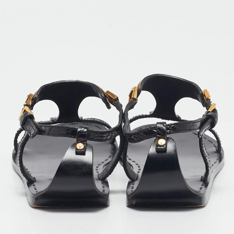 Pre Owned Tom Ford Black Croc Embossed Leather T-Strap Flat Sandals Size 37