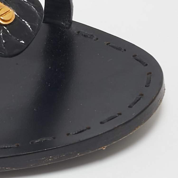 Pre Owned Tom Ford Black Croc Embossed Leather T-Strap Flat Sandals Size 37