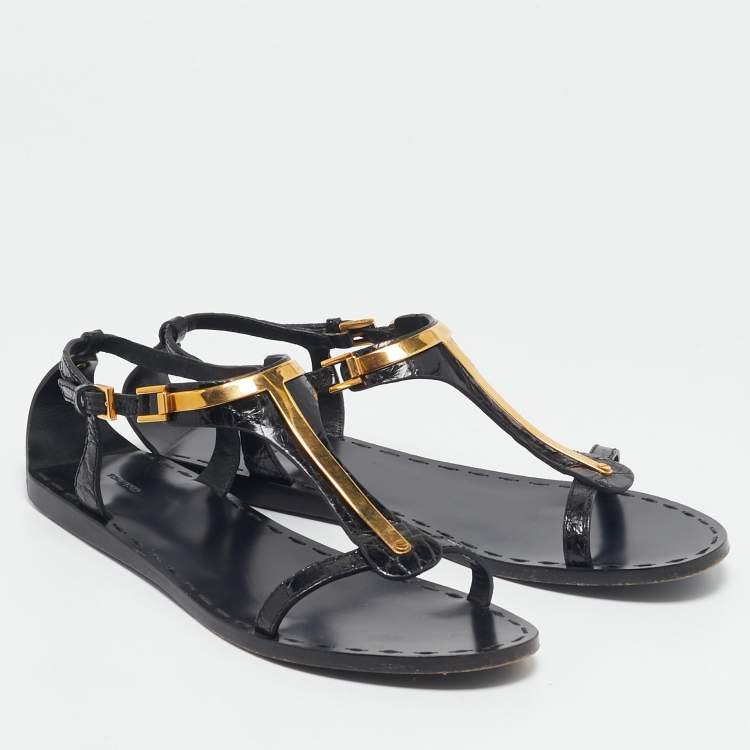 Pre Owned Tom Ford Black Croc Embossed Leather T-Strap Flat Sandals Size 37