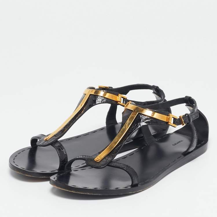 Pre Owned Tom Ford Black Croc Embossed Leather T-Strap Flat Sandals Size 37